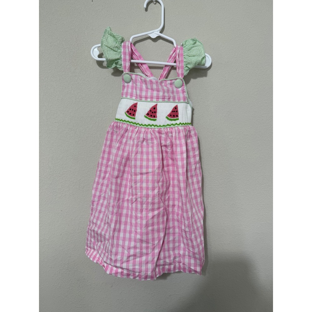 Ruffles & Frogs Smocked Dress Girls 3T Pink Watermelon Gingham Seersucker Ruffle